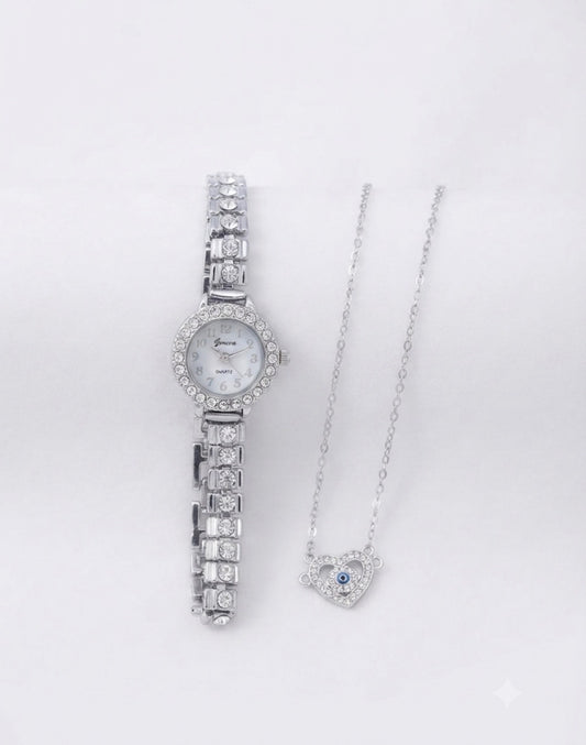 Silver watch and necklace combo